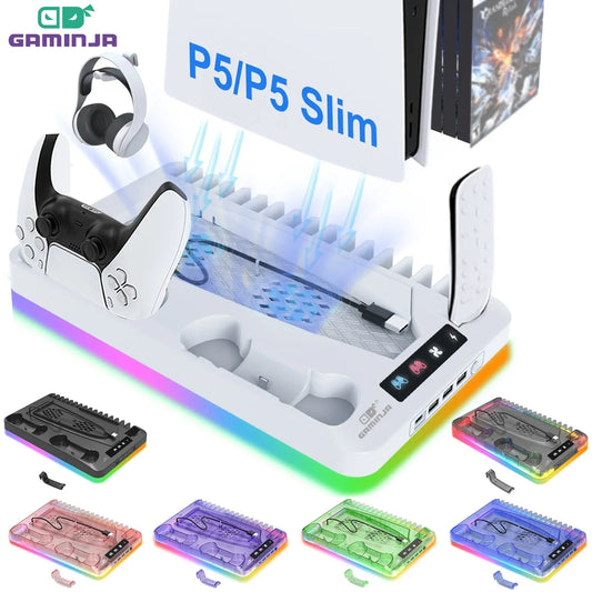 GAMINJA P58 RGB Cooling Stand for PS5 Slim – Console Charging Dock with Gamepad Charger, Headset Hook & Game Disc Storage Rack for Disc & Digital Edition