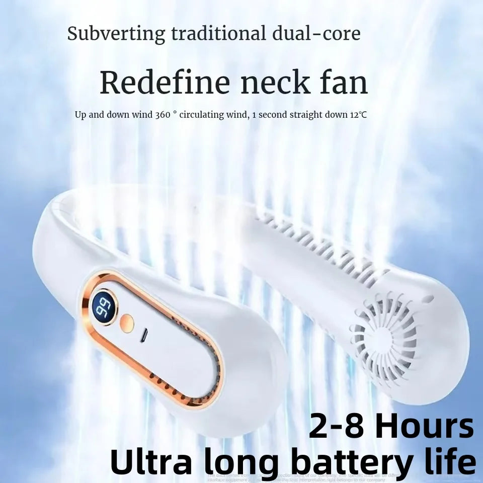 8000mAh Bladeless Neck Fan – Portable USB Rechargeable Hanging Fan with LED Digital Display, Silent Mini Personal Air Cooler for Travel & Outdoor Use