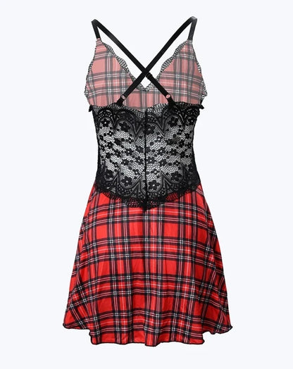 Women’s Summer Plaid Sleep Dress - Lace Trim Crisscross Backless Sleeveless Nightgown Sleepwear
