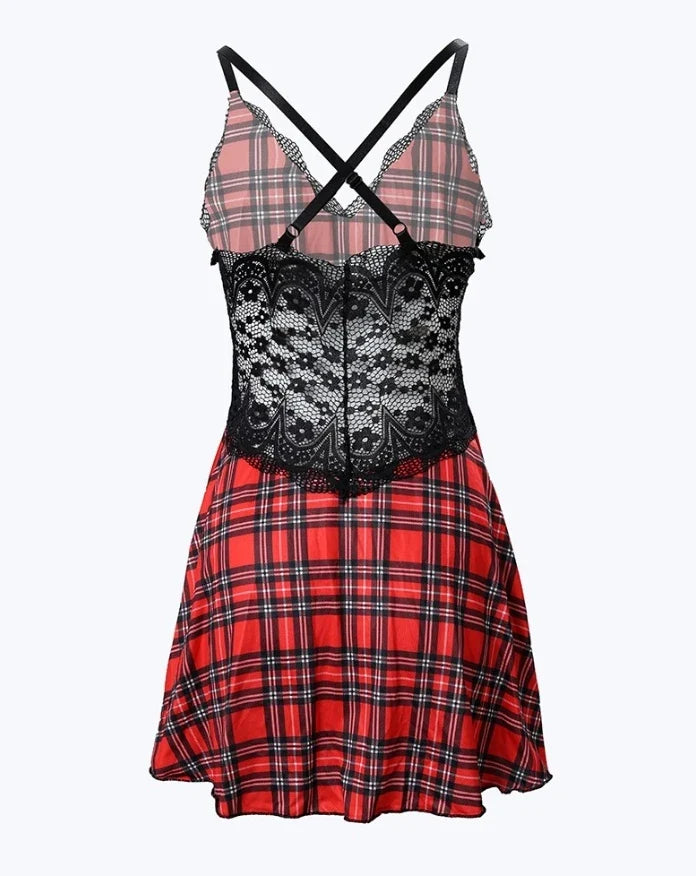 Plaid Lace Nightgown - Women's Crisscross Backless Sleeveless Summer Sleep Dress