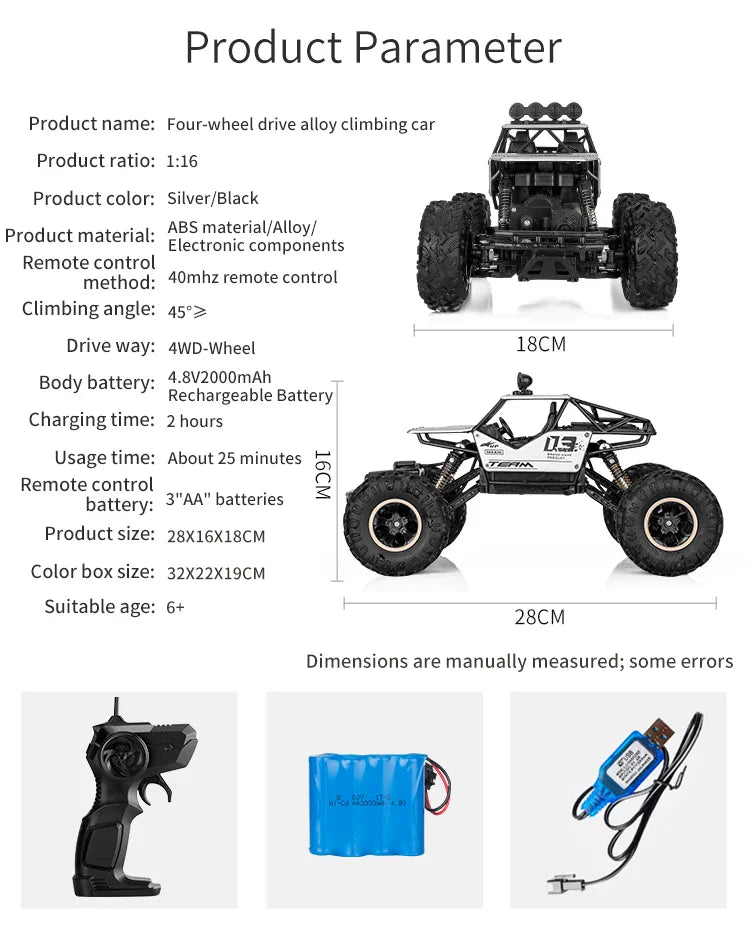 1:12/16 RC Off-Road Truck – 4WD Remote Control Car with Metal Shell & LED Lights for Kids