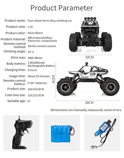 1:12/16 RC Off-Road Truck – 4WD Remote Control Car with Metal Shell & LED Lights for Kids