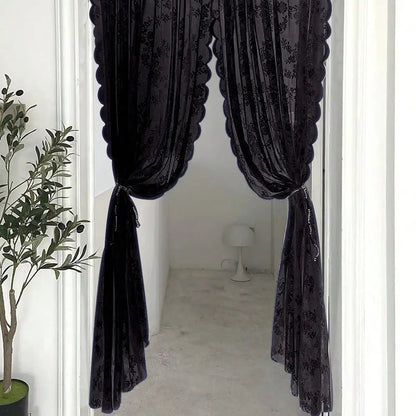Black Floral Lace Curtain Panel - Sheer Rod Pocket Window Drapery for Elegant Home Decor