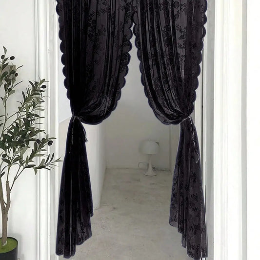 Black Floral Lace Curtain Panel - Sheer Rod Pocket Window Drapery for Elegant Home Decor