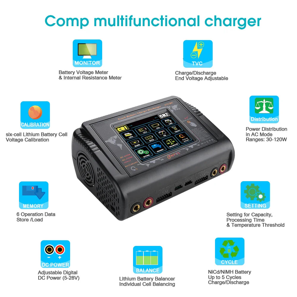 HTRC Smart Battery Charger DC 400W / AC 200W — 12A×2 Balance Charger & Discharger for LiHV, LiFe, Li-Ion, NiCd, NiMH, Pb, LiPo RC Batteries