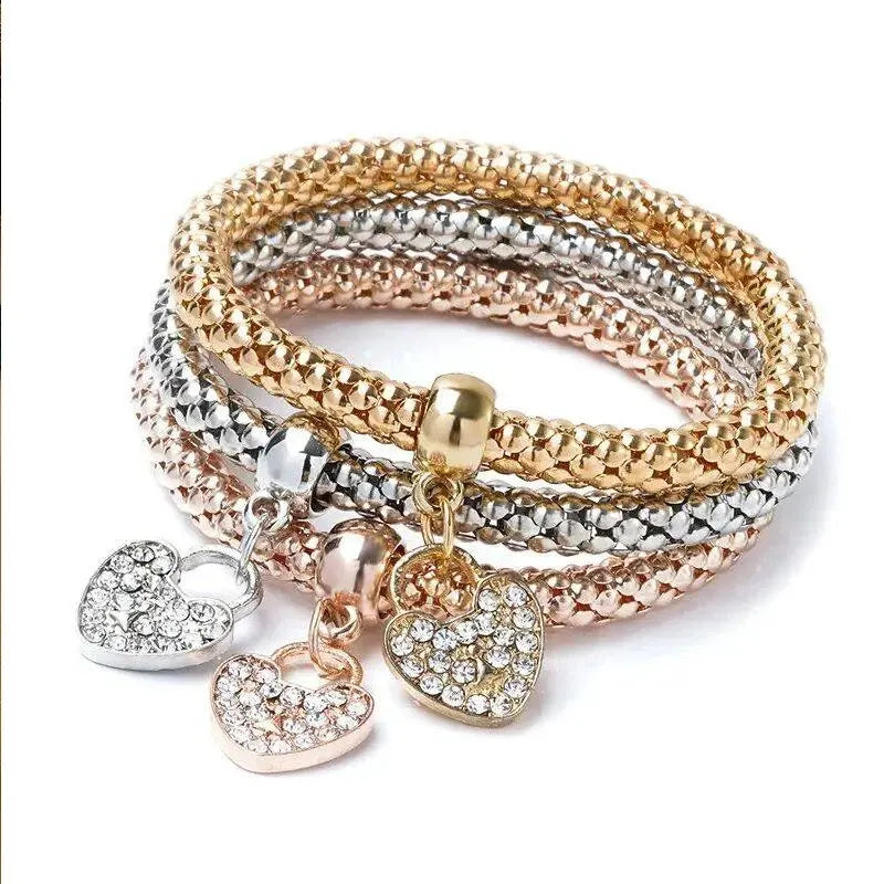 3PCS Women’s Charm Bracelet Set – Heart Lock, Key, Music & Owl Rose Gold & Silver Chain Bangles Jewelry