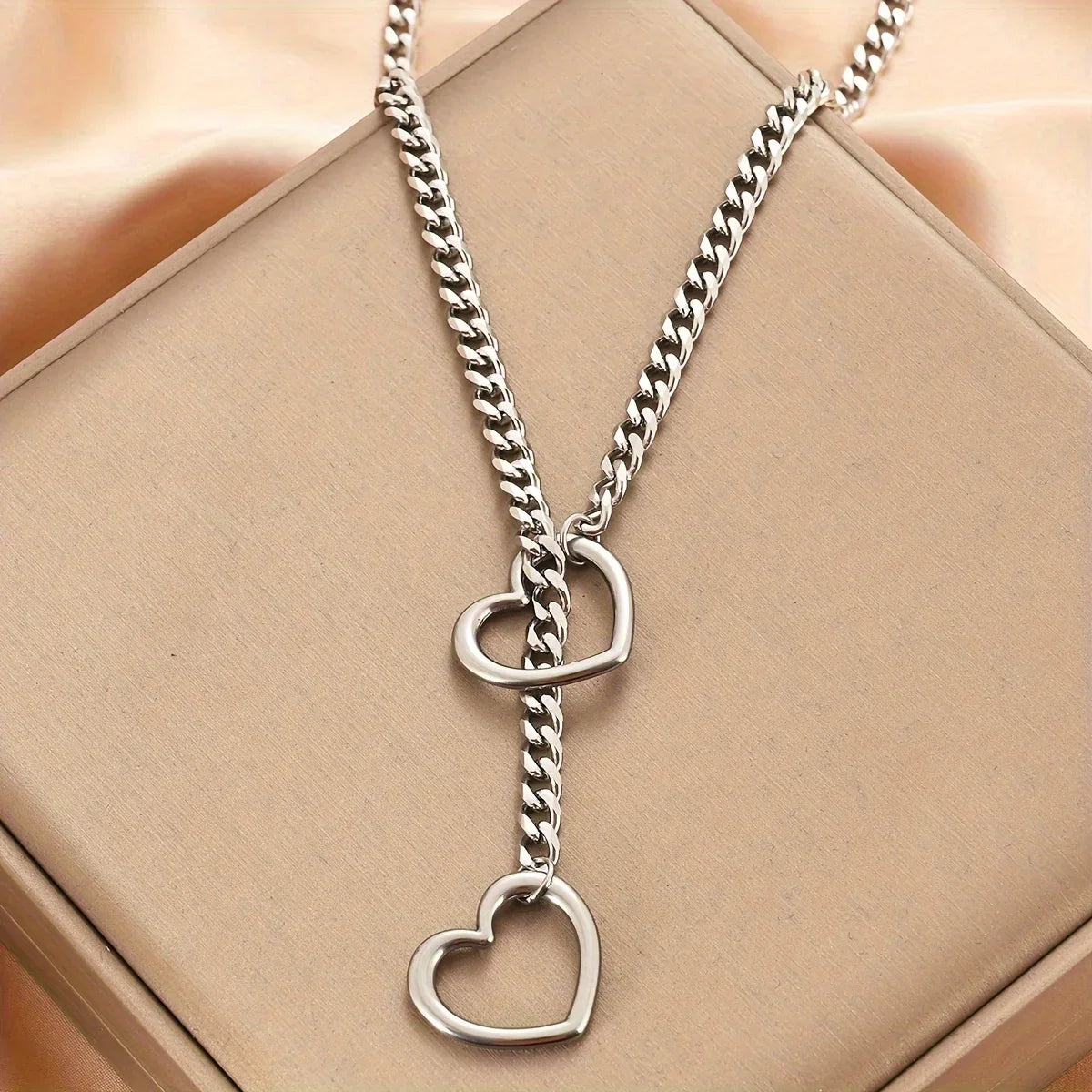 Adjustable Stainless Steel Cuban Link Necklace - Heart O Ring Punk Rock Chain Jewelry for Daily Party Wear