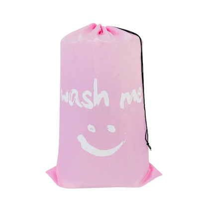 Smile-Shaped Nylon Laundry Bag - Machine Washable Travel Storage Pouch for Dirty Clothes, Wash Me Organizer Drawstring Bag