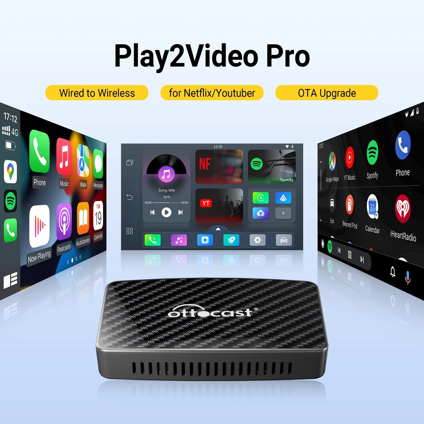 OTTOCAST Play2Video Pro – Wireless CarPlay & Android Auto Adapter for YouTube, Netflix, IPTV Car Accessories for Kia & Toyota
