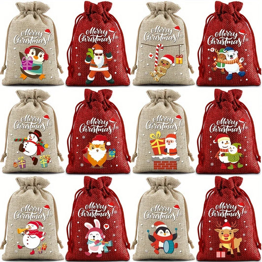 12PCS Christmas Drawstring Gift Bags – Linen Fabric Bags for Advent Calendar, Cookies & Candy Pouches