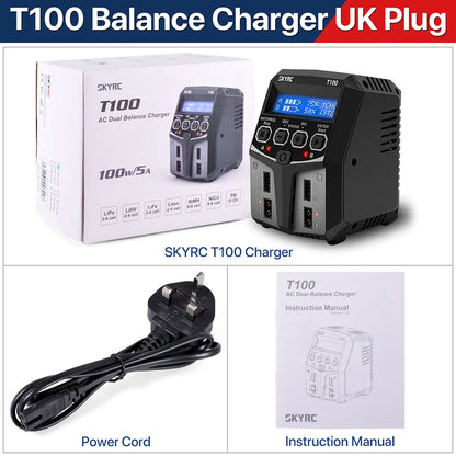 SKYRC T100 AC Dual 5A Lipo Battery Charger — 2x50W Balance Charger for 2-4S NiMH, NiCd, LiPo, LiFe, LiIon, LiHV RC Cars