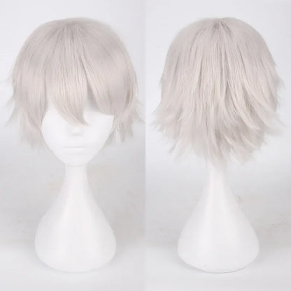 Unisex Synthetic Anime Cosplay Wig – Short Straight Heat-Resistant Hair in Red, White, Pink, Gray & Brown