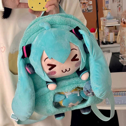 Hatsune Miku Plush Backpack – Sweet & Cute Anime Embroidery, Large Capacity Storage, Soft Toy Gift for Girls