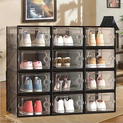 6/12/24PCS Transparent Shoe Boxes – Foldable, Stackable Plastic Shoe Storage Rack with Thick Tape Cover, Space-Saving Organizer