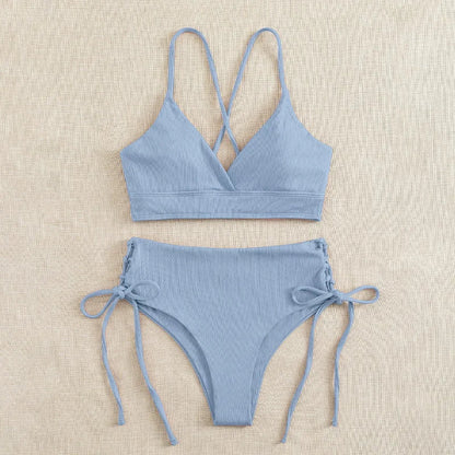 Cikini V-Neck Split Bikini Set – Sexy Lace-Up Triangular Solid Color Swimwear for Women