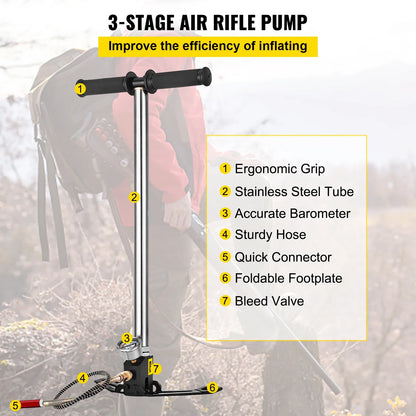 VEVOR 3-Stage High-Pressure Hand Pump — 4500PSI PCP Air Pump with Pressure Gauge for Tires, Kayaks, Balls & Air Guns