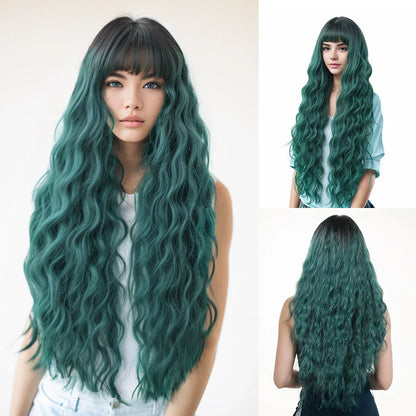 Light Green Long Wavy Synthetic Wig with Bangs – Blackish Green Cosplay & Lolita Style, Heat-Resistant for Women