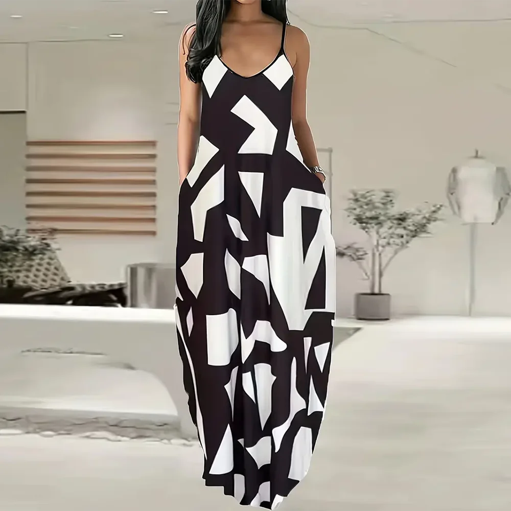 Women’s Summer 3D Butterfly Print Dress – Black & White Sleeveless Spaghetti Strap Loose Long Vest Dress, Plus Size Vintage Style
