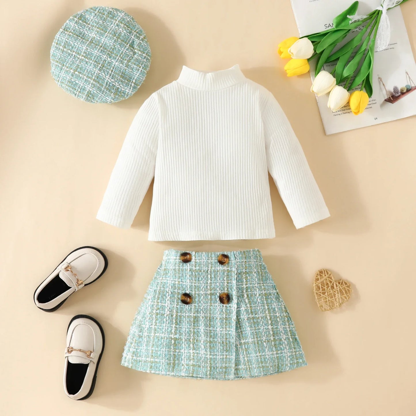 ma&baby Toddler Girls Clothes Set – Knit Long Sleeve Top, Plaid Skirt & Hat, 6M-3Y Fall & Spring Outfit