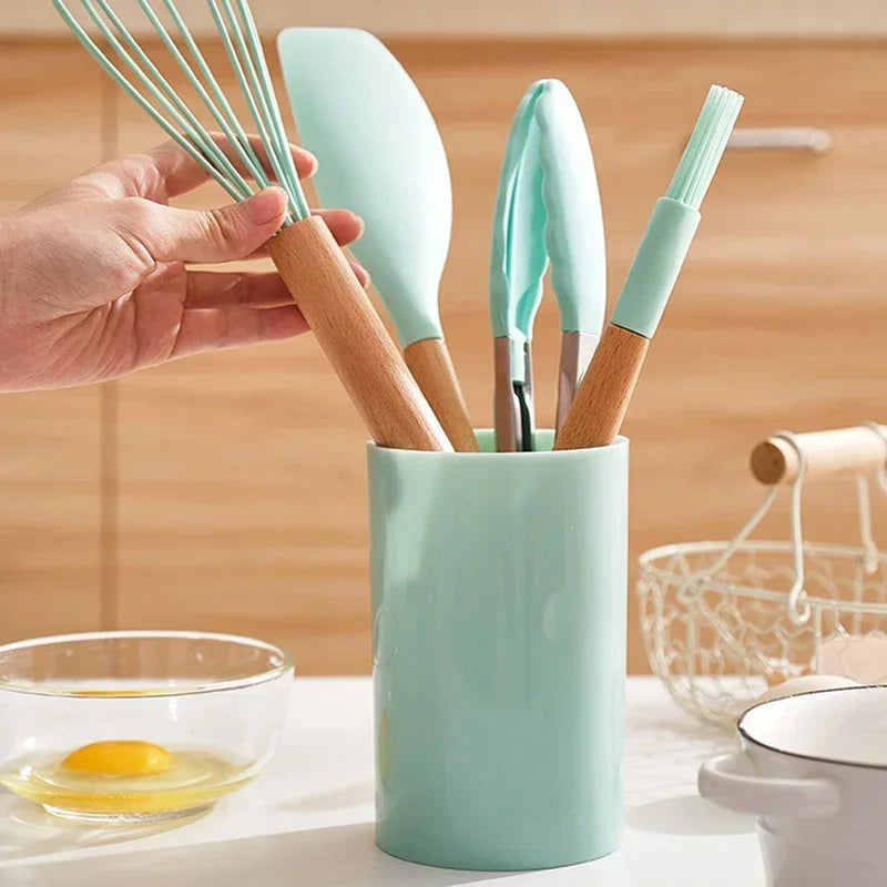 12PCS Silicone Kitchen Utensils Set - Food Grade Cookware with Turner, Spatula, Measuring Spoon, Practical Cooking Tools
