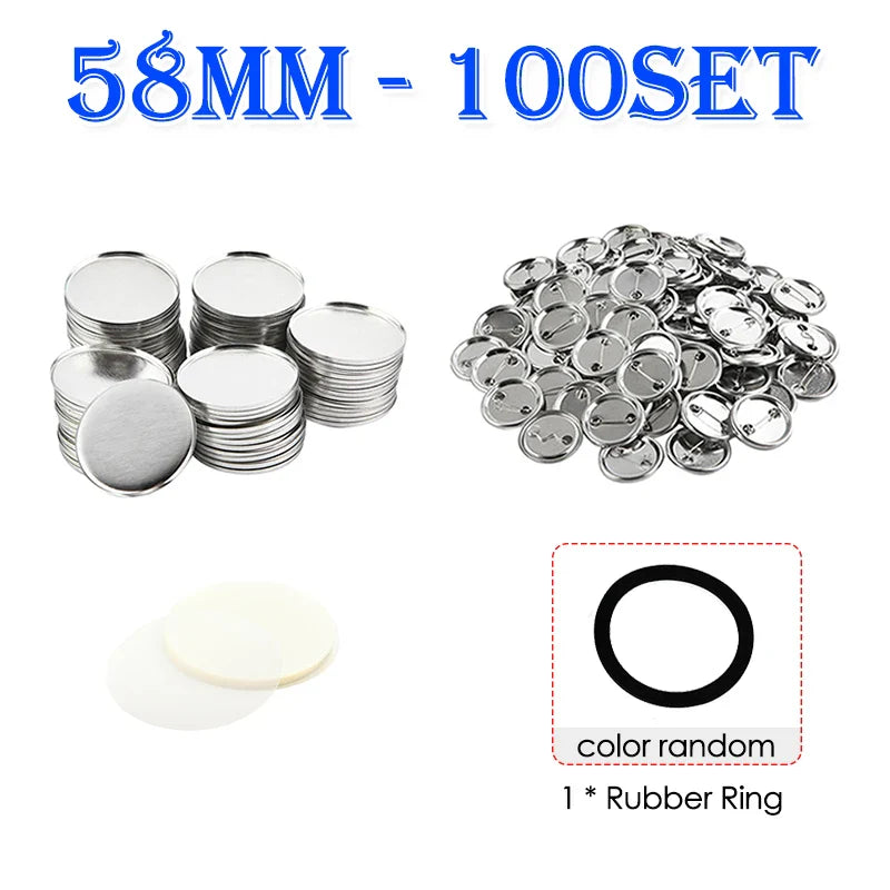 100 Sets Round Badge Pin Button Maker Machine - 25/32/37/44/58MM, DIY Punch Press Machine, Manual Badge Parts Consumables