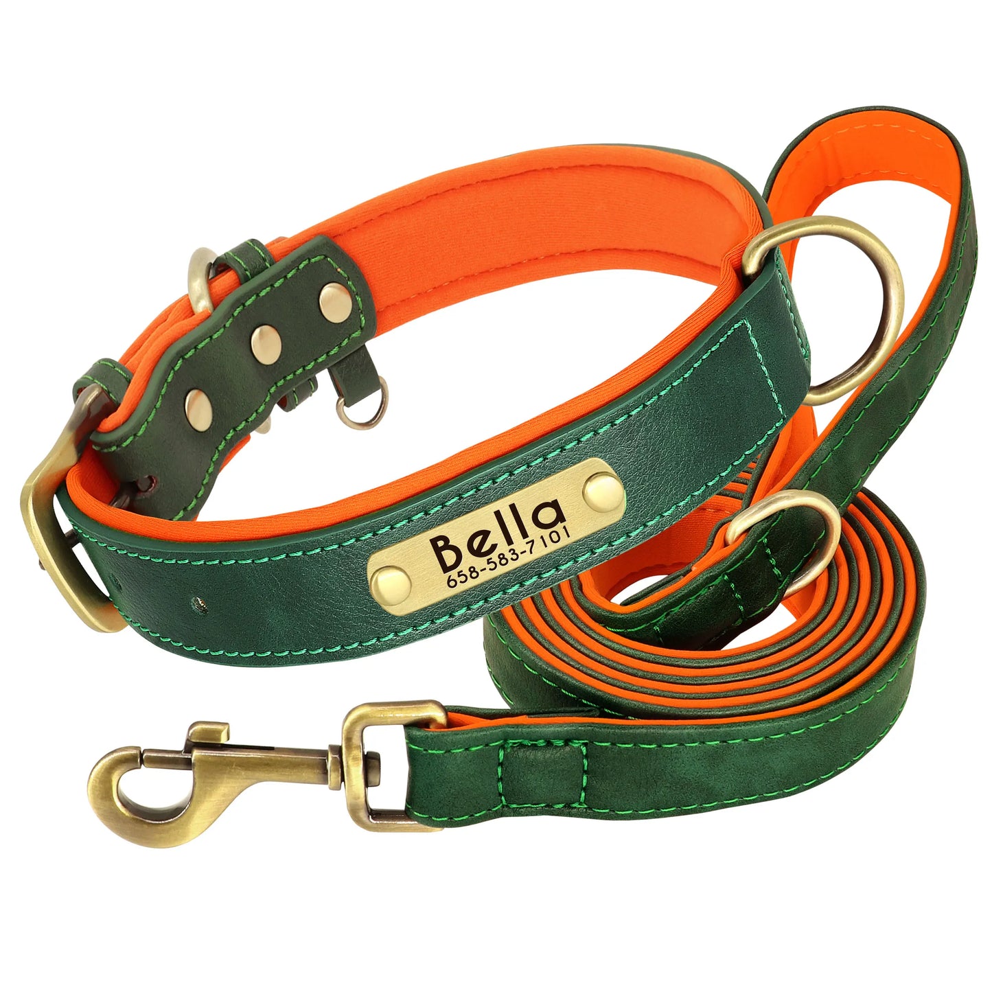 Customized Leather Dog Collar & Leash Set – Soft Padded Adjustable Collar for Small, Medium & Large Dogs with Engraved Nameplate