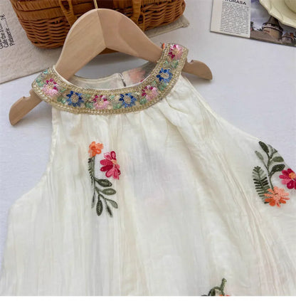 Summer Girls Bohemian Halter Neck Dress – Floral Embroidered Sleeveless Mesh Layered Dress