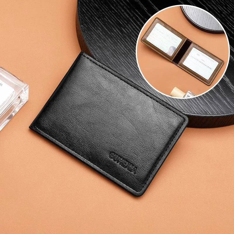 Retro Leather Driver’s License Wallet – Ultra-Thin Men’s ID Card Holder with Coin Purse, Multifunctional Slim Solid Color Short Wallet