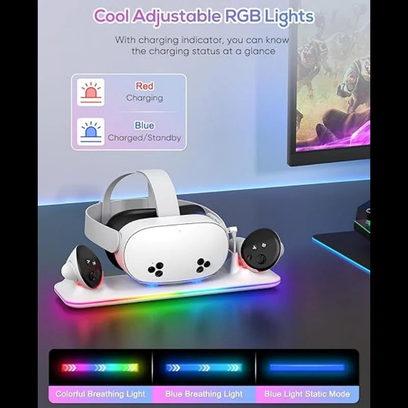 Kinwin PD 18W Fast Charging Dock for Meta Quest 3S – RGB Light Magnetic Charging Station for Oculus Accessories
