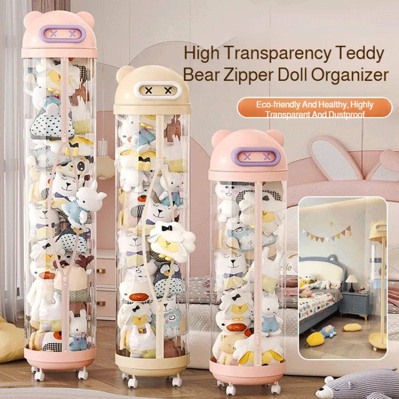 Large Capacity Transparent Toy Storage Bucket with Wheels – Children’s Plush & Stuffed Toy Organizer Barrel