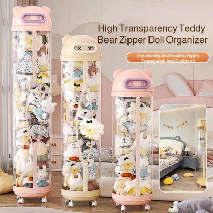 Large Capacity Transparent Toy Storage Bucket with Wheels – Children’s Plush & Stuffed Toy Organizer Barrel