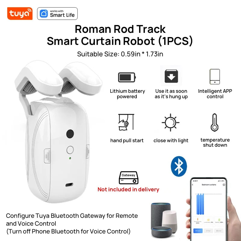 Tuya Smart Curtain Robot – Roman Rod Track with APP Control, Single/Double, Compatible with Tuya Gateway for Remote Control
