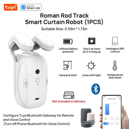 Tuya Smart Curtain Robot Motor — Roman Rod Track, App & Remote Remote Control, Single/Double, Works with Tuya Gateway