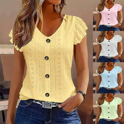 2025 Women’s Spring/Summer Fashion T-Shirt – Stylish Commute Casual V-Neck with Ruffle Sleeves, Solid & Multi-Color Options
