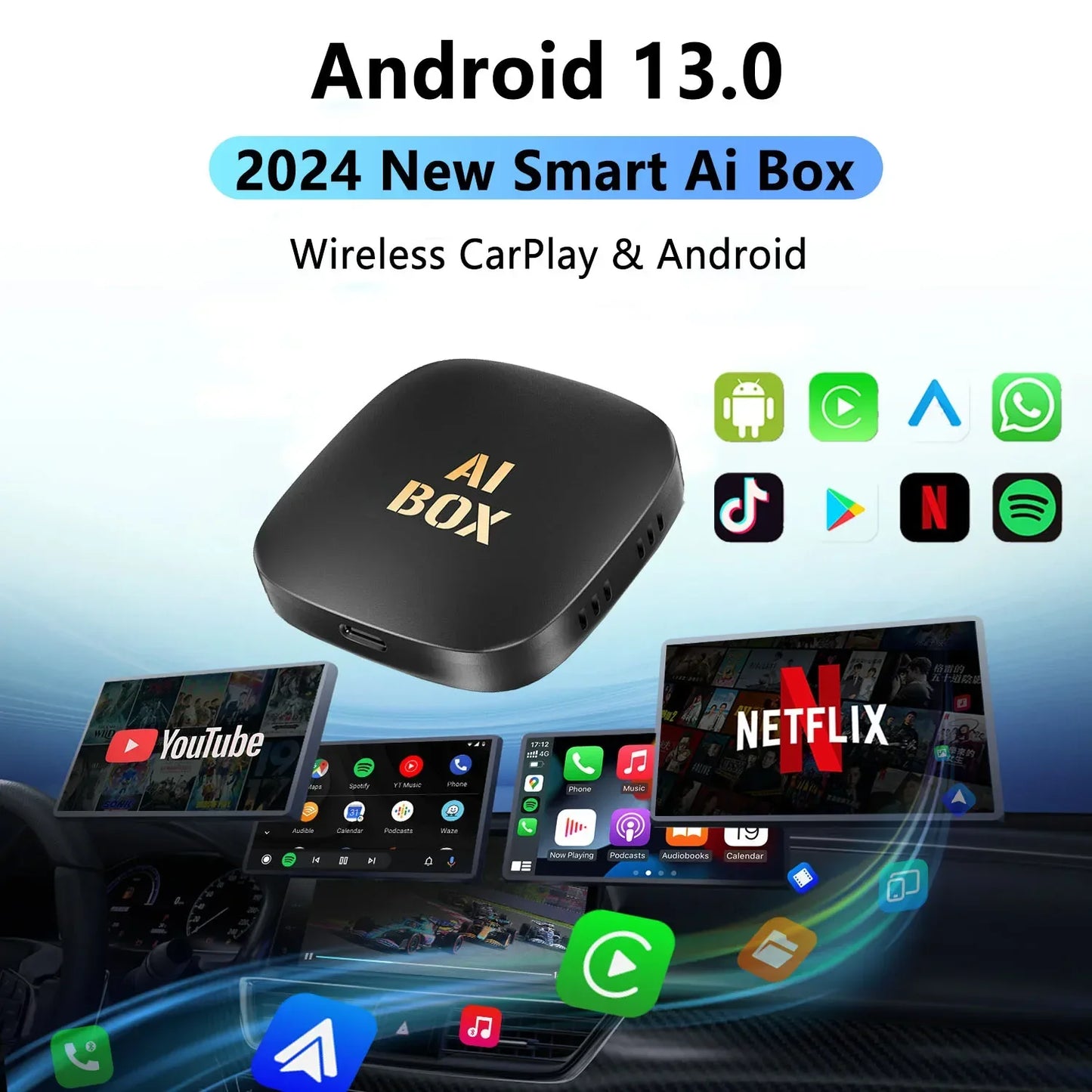 Android 13 CarPlay Smart AI Box - Wireless Android Auto Adapter for Car Intelligent Systems, Supports Netflix and YouTube