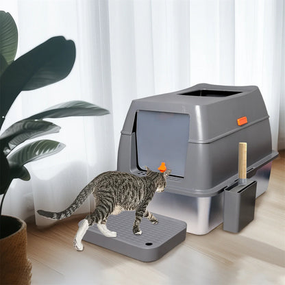 Extra Large Enclosed Stainless Steel Cat Litter Box with Lid – High Wall Metal Litter Pan for Big Cats