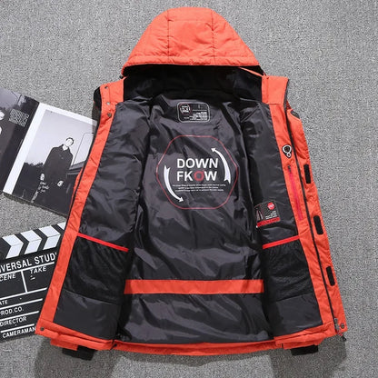 Men's Winter Hooded Puffer Jacket – White Duck Down Coat, Windproof & Warm Outdoor Parka, Size 5