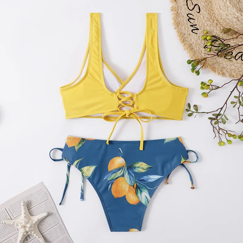 Vintage Printed Bikini Set – Women’s Cross Pleated Backless Lace-Up Push-Up Two-Piece Swimwear 2025 Beach Bathing Suit