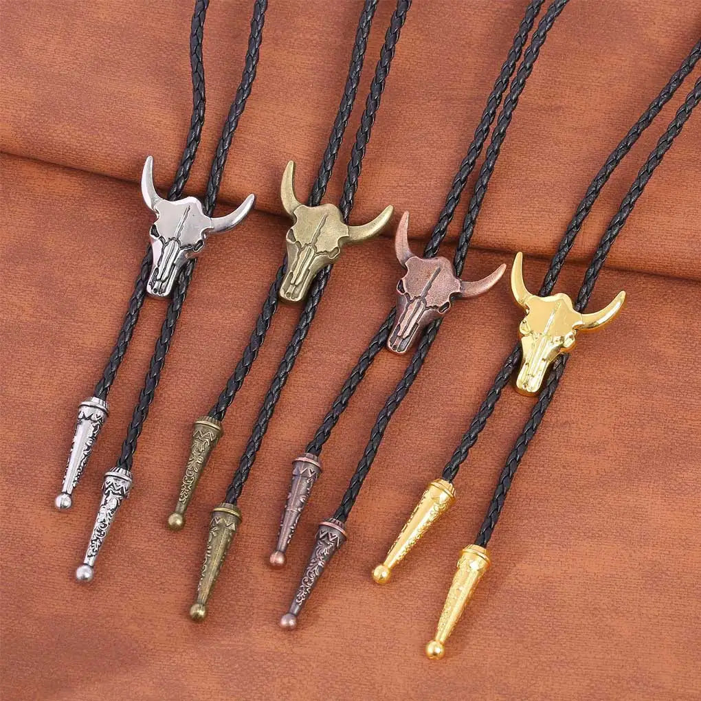 Golden Adjustable Cowboy Bolo Tie – Western Bull Head Pendant Necklace & Men’s Garment Accessory