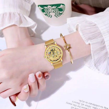 New Fashion Women's Hollow Skeleton Faux Mechanical Watch - Metal Mesh Quartz Wristwatch, Relogio Feminino for Ladies