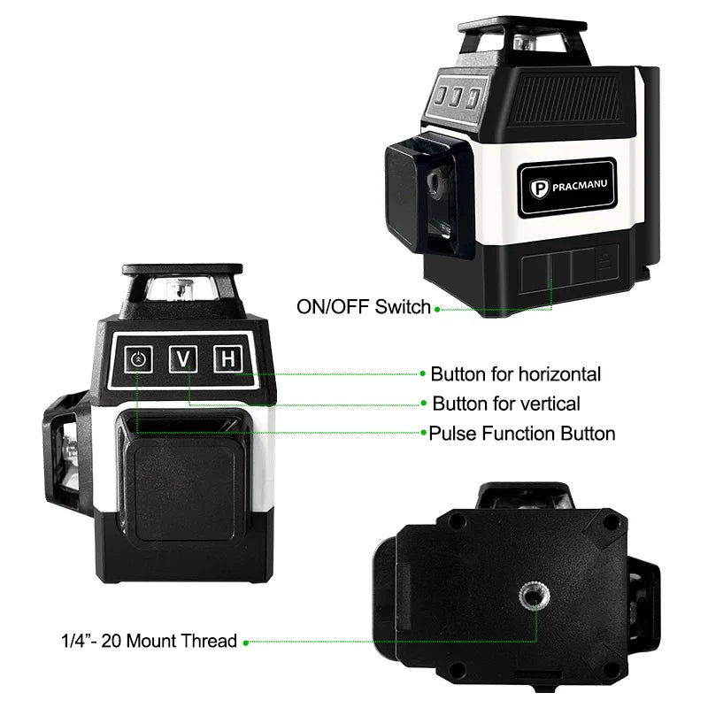 Pracmanu Mini 12-Line 3D Laser Level — Self-Leveling 360° Horizontal & Vertical Green Laser Beam