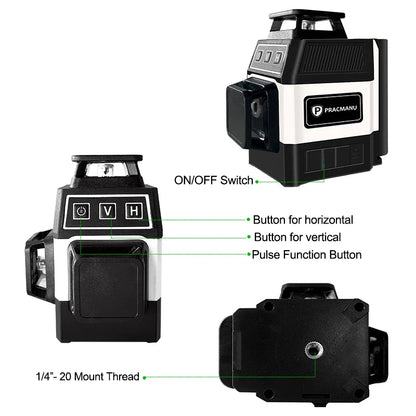Pracmanu Mini 12-Line 3D Laser Level — Self-Leveling 360° Horizontal & Vertical Green Laser Beam