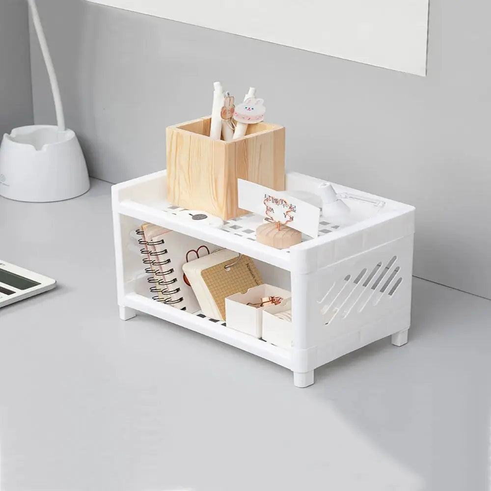 PP Desktop Double Layer Storage Rack – White Rectangular Organizer for Student Desk, Office, Cosmetics & Stationery