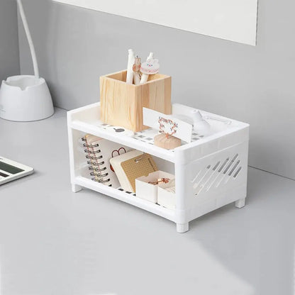 PP Desktop Double Layer Storage Rack – White Rectangular Organizer for Student Desk, Office, Cosmetics & Stationery