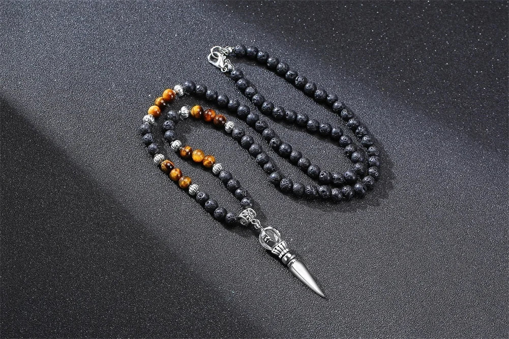 Men's Tibetan Phurba Kilaya Necklace – Tiger’s Eye & Lava Stone Spiritual Dagger Jewelry
