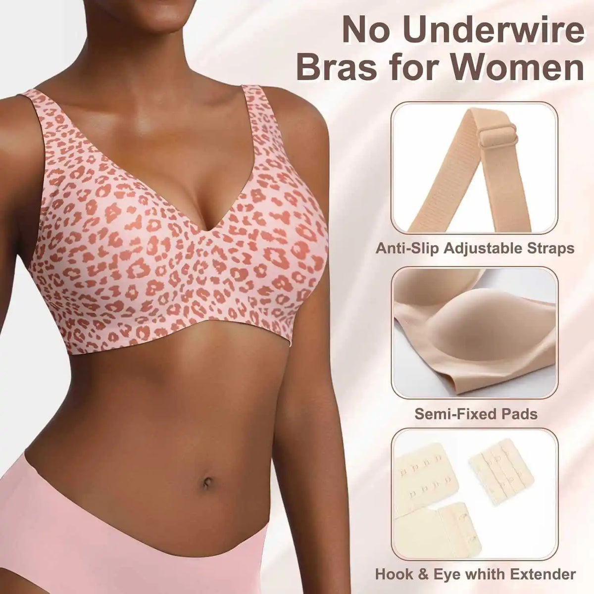 Women’s Pink Leopard Print Bra – Seamless Wire-Free Full Cup Underwear, Soft Support, Breathable Deep V Design