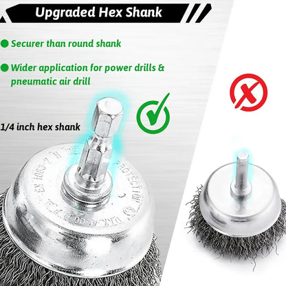 10 Pack Wire Brush Wheel Cup Brush Set: 1/4 Inch Hex Shank Wire Brush for Drill - Coarse Carbon Steel Crimped Wire Wheel (0.012 Inch)