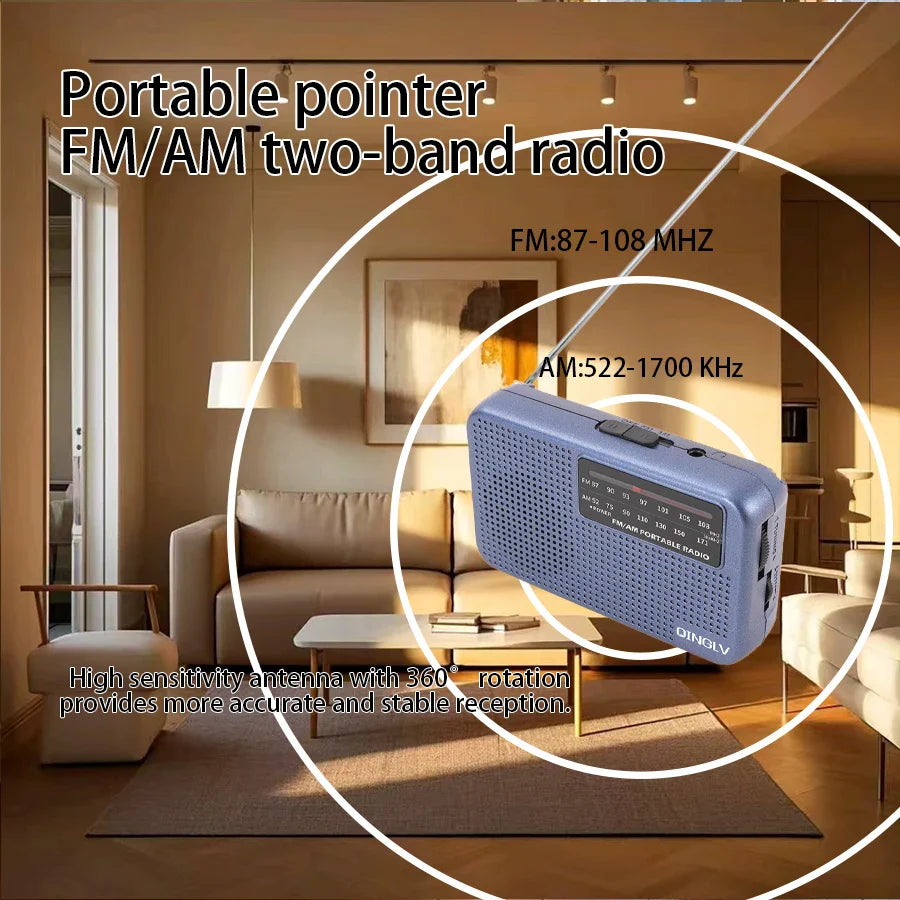 Mini FM/AM Two-Band Radio — 1W Loud Speaker with 3.5mm Headphone Jack & 180° High-Performance Antenna for Home Use