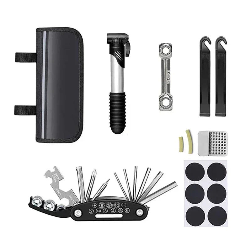 Multifunctional Bicycle Repair Kit – Pump, Tire Patch, Lever & Tools for Road Bike Maintenance
