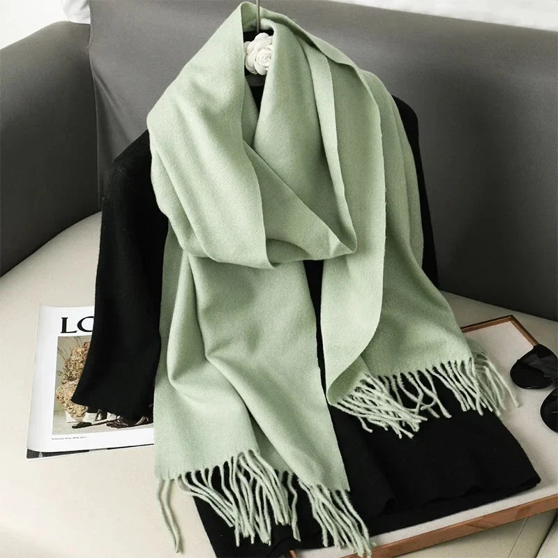 62-Color Solid Women’s Winter Scarf — Thick Warm Cashmere Pashmina Shawl with Tassels, Outdoor Luxury Wrap, Windproof Fashion Scarf